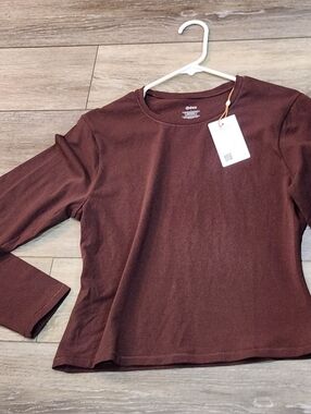 Quince Chocolate Brown Scoop Neck Long Sleeve Organic Cotton Top Size Large
